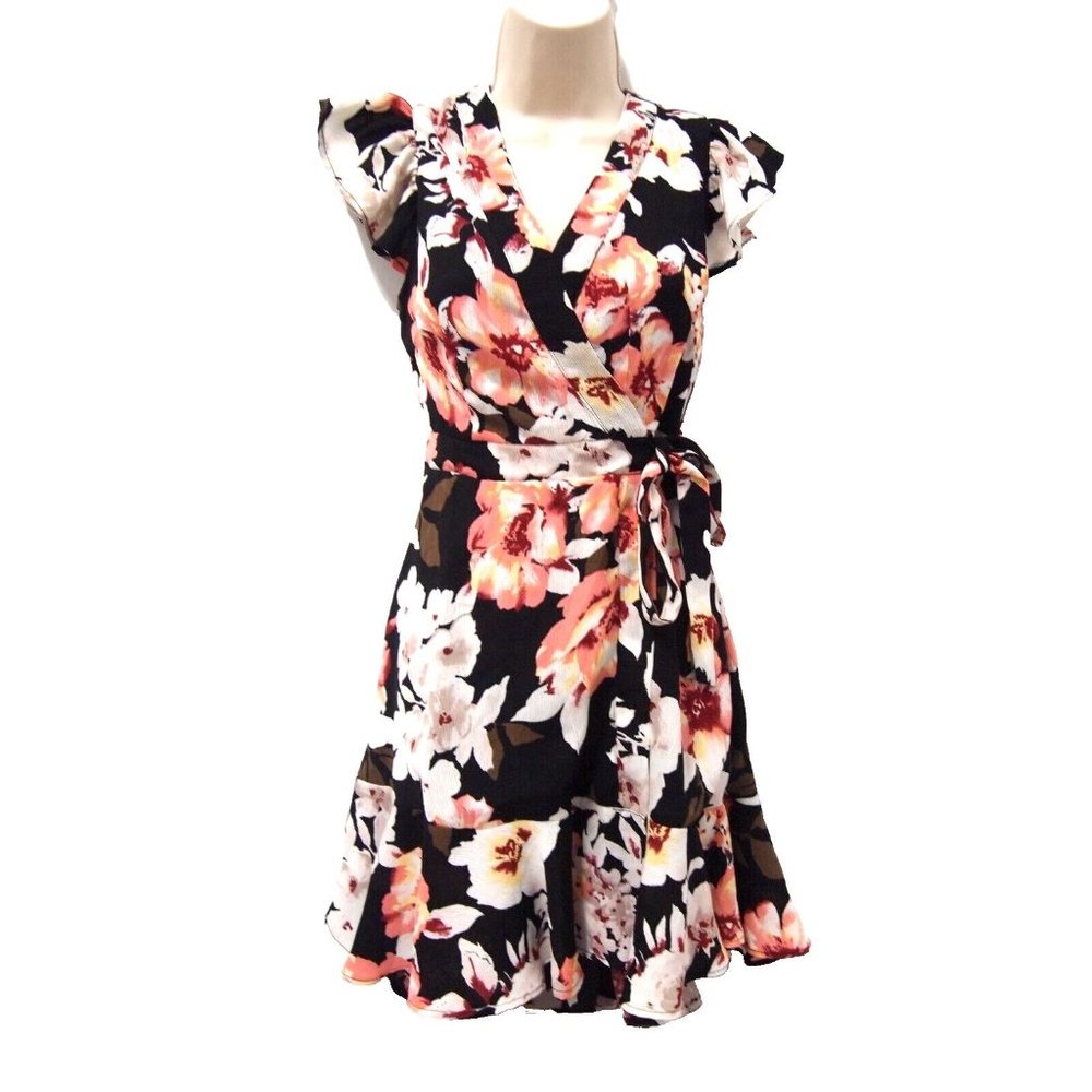 Miami Womens Wrap Dress S Floral Black Ruffle Hem Short Sleeve Chiffon Mini